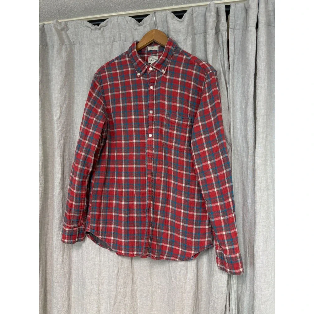 J.Crew Slim Re-Imagined Flannel Shirt Mens Large Red Blue Plaid Button Down L